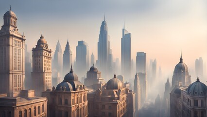Fototapeta premium A misty cityscape at dawn, featuring a blend of classic domed buildings and modern skyscrapers.