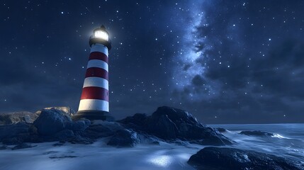 A lighthouse with red and white stripes rising against the majestic night sky. Generative AI