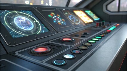 technology background concept, Control panel with glowing buttons and screens