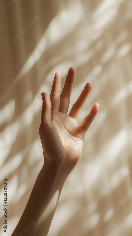 Aufkleber in a tranquil setting, a hand extends outward, palm open and inviting, as warm light dances softly a