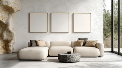 Modern minimalistic living room with neutral tones, plush sofa, natural light, and three empty frames on wall