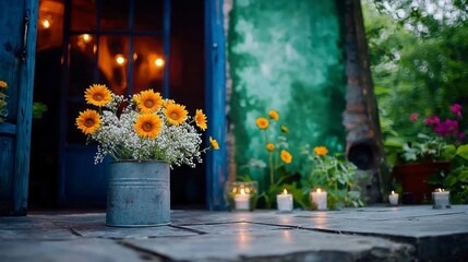 Fototapeta premium Rustic Sunflower Wedding Backdrop Flowers Candles Vintage Door