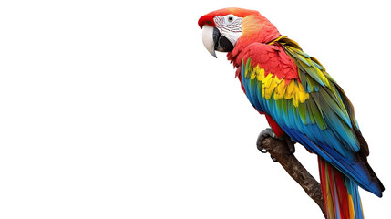 Fototapeta premium Colorful macaw parrot perched on a branch, showcasing vibrant feathers against a white isolated background.
