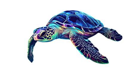 Colorful marine turtle illustration, vibrant pattern, white isolated background.