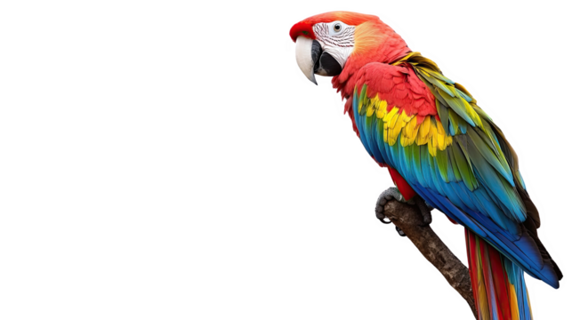 Colorful macaw parrot perched on a branch, showcasing vibrant feathers against a white isolated background.