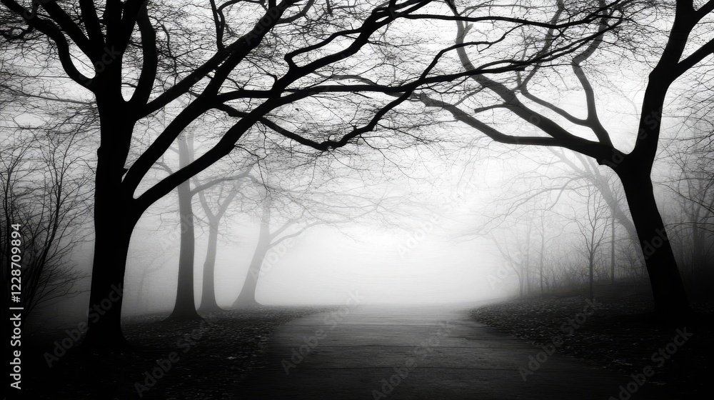 Poster foggy path through leafless trees in autumn