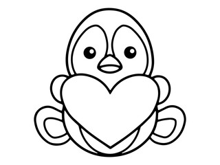 Valentine Day Penguin Holding Heart Line Art
