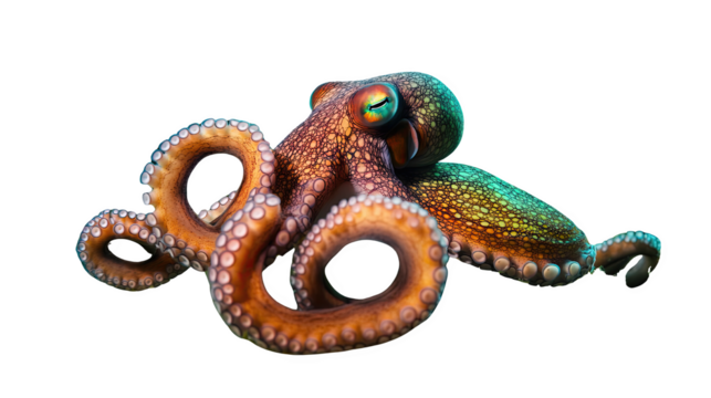 Colorful octopus with detailed texture, isolated on a transparent background.