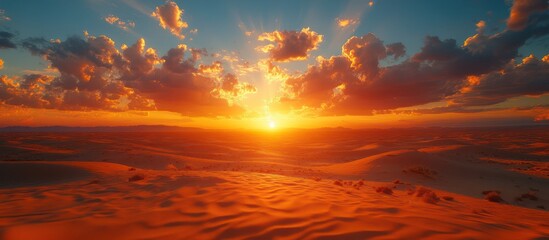 Obraz premium Fiery sunset over expansive desert landscape.