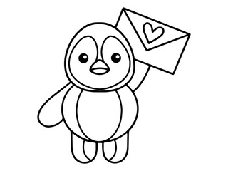 Valentine Day Penguin Holding a Letter Black and White