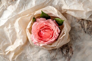 Close-up of a bouquet of pink roses wrapped in paper for a Valentine's Day