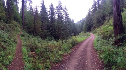 Obraz premium Forest Trail Fork Hiking Path and Dirt Road Diverge