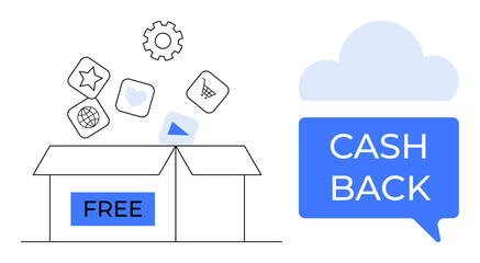 Open box labeled FREE with service icons floating out, including star, heart, gear, globe, shopping cart, play button. Speech bubble with CASH BACK. Ideal for promotions e-commerce customer