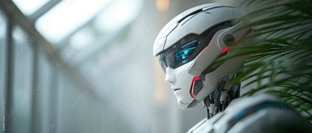 Poster futuristic robot in modern corridor ai artificial intelligence technology concept