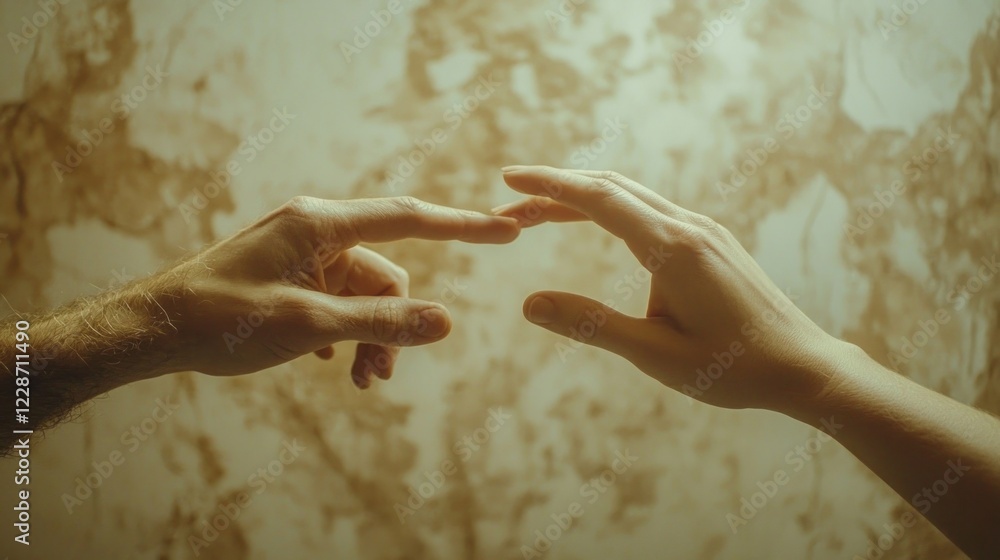Poster in a serene moment of connection, two hands stretch towards each other, fingertips almost touching, 