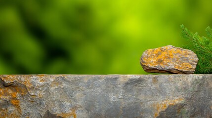 Fototapeta premium Rustic stone rests gently atop larger rock soft green background. AI Generated