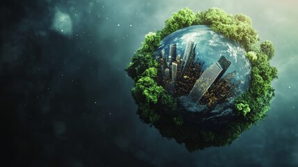Green planet with a city and trees inside the globe on a dark background. Concept for ecology, environment protection, and sustainable development.