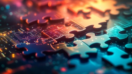 Digital puzzle pieces interlocking seamlessly, glowing against a futuristic blue abstract background, symbolizing the concept of API integration and seamless connectivity