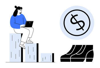Woman typing on laptop while sitting on bar chart of various heights, dollar sign in large circle, rising graph. Ideal for finance, investment, business growth, data analysis, economics, financial