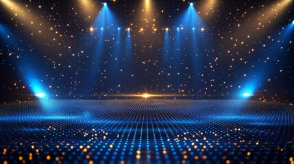 Premium royal background with blue and golden dotted lines and stage spotlights, ideal for prestigious awards graphics 