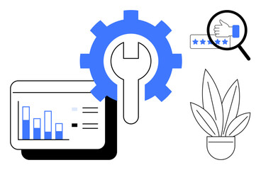 Gear and wrench representing technical support, bar graph for data analysis, magnifying glass over stars for customer feedback, plant indicating growth. Ideal for IT, customer service, performance