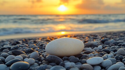 Single white egg rests gently on dark pebbles beach sunset light. AI Generated