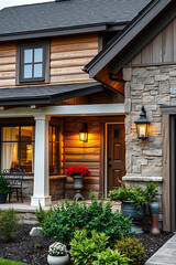 Obraz premium Luxury Log Cabin Home Exterior at Night. Modern Architecture, Stone and Wood Design. Beautiful Garden and Landscape. Real Estate