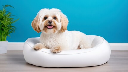 Happy Small Dog Relaxing on Comfortable Bed in Bright Room