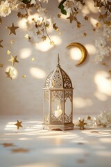 Ramadan lantern, crescent moon, stars, flowers, light. Festive background, greeting card