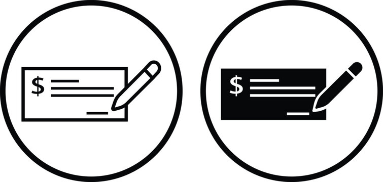 Payment check icon in flat and line style set. vector for apps or website bank cheque symbol. paycheck sign in black Bank Check related glyph icon. Isolated on transparent background.