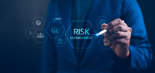 Risk management strategy concept. Businessman Analyzing Risk touchscreen display risk meter, risk...