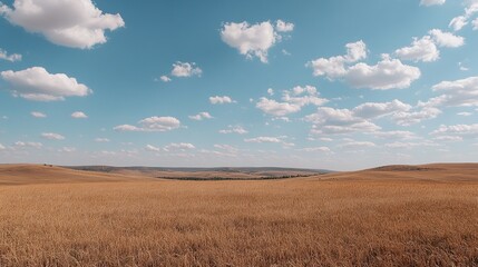 Fototapeta premium Golden Wheat Field, Sunny Sky, Rolling Hills, Landscape, Rural Scene
