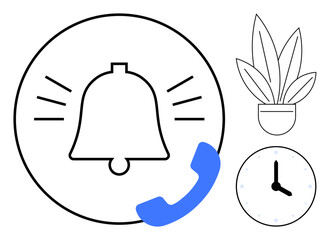Notification bell in circle with ringing lines, blue phone receiver, potted plant, and clock. Ideal for communication, reminder, alert systems, organization, time management productivity minimalist