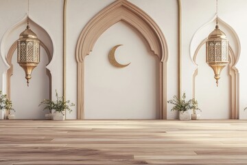 Elegant Islamic interior design; crescent moon, lanterns; peaceful prayer room; Ramadan decor