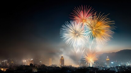 Colorful Fireworks Over City Skyline at Night