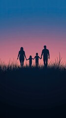 Family silhouette sunset stroll, peaceful evening, grass background, greeting card