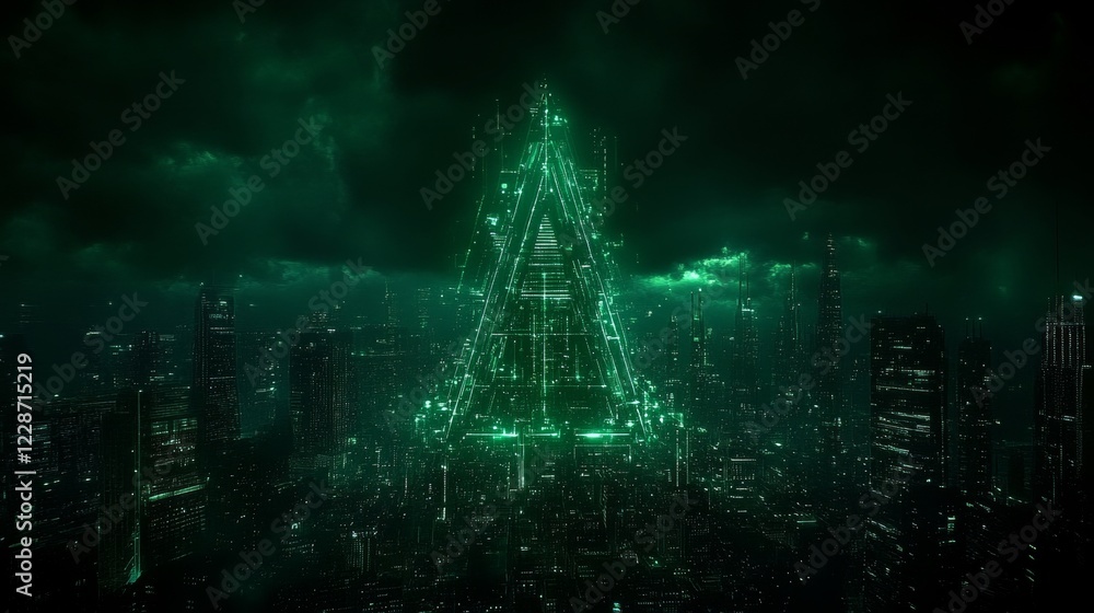 Poster futuristic cityscape with glowing triangular structure