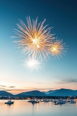 Colorful Fireworks Over a Calm Bay at Dusk