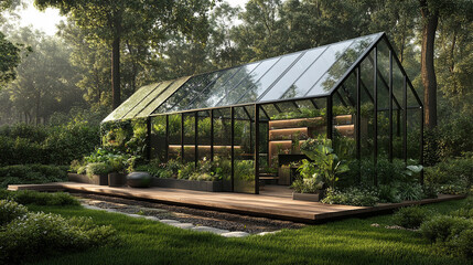 Fototapeta premium A green glass house surrounded by lush greenery symbolizes CO2 reduction and sustainable living in a minimalistic modern design with a bright tone and blurred background