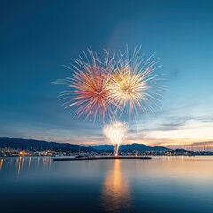 Vibrant Fireworks Display Over Calm Water at Dusk