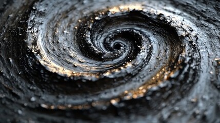 Dark swirling vortex abstract art textured metallic gray gold tones. AI Generated