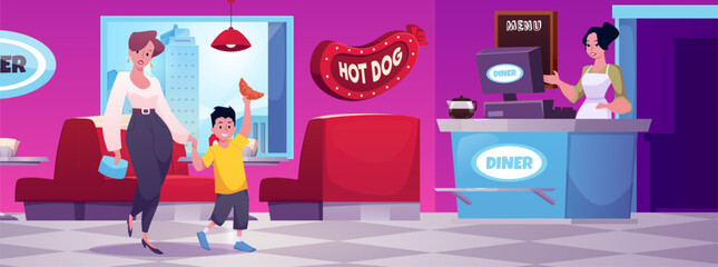 Diner cafe interior with Hot dog signboard, boy and woman customers, vector red sofa with table, counter with seller