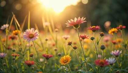 Vibrant flower field with colorful blooms under golden sunset