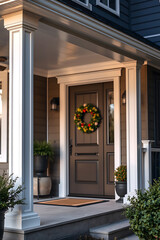 Elegant Home Entrance with Classic Columns and Festive Wreath. This stunning house exterior showcases beautiful architecture and design details, creating a welcoming and inviting atmosphere.