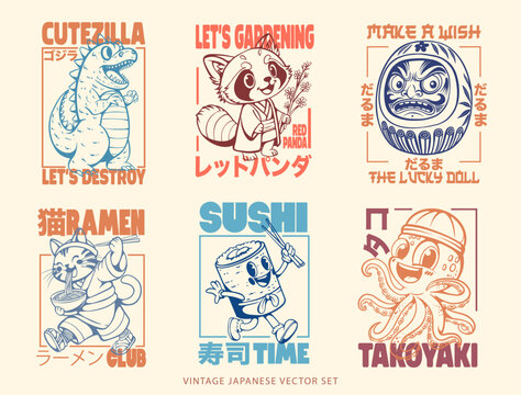 Vintage japanese vector set, Japanese t-shirt designs bundle, Japan style graphics collection. Culture vector illustration pack. Vintage clothing design, t-shirt design bundle