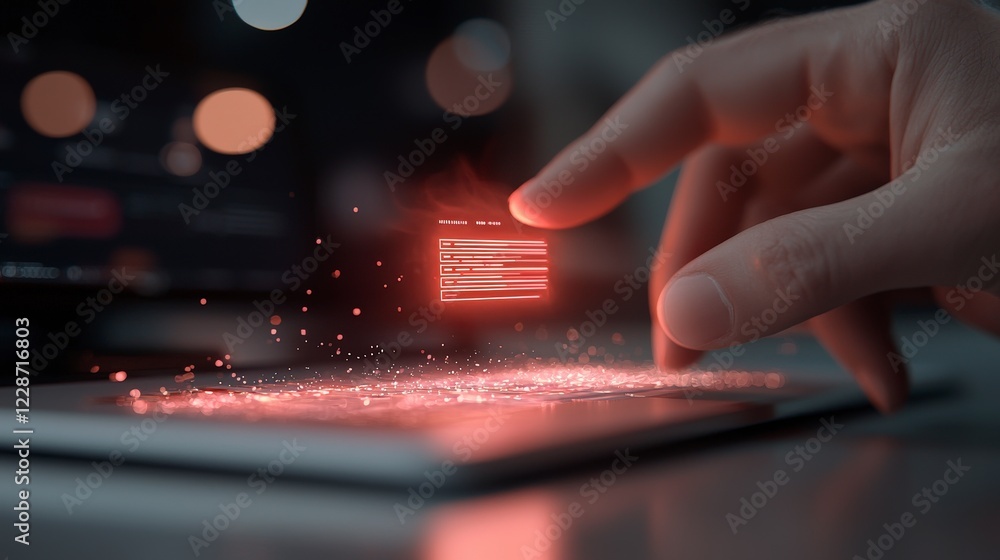 Poster hand interacting with digital interface of futuristic technology, data visualization and information