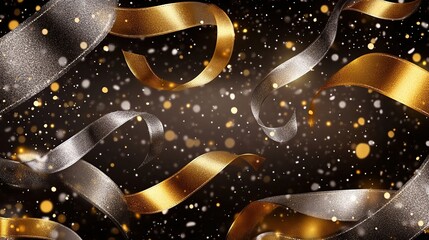 Festive gold, silver ribbons swirl, bokeh background, celebratory design