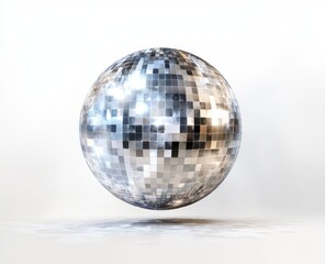 Disco ball spinning, white studio, reflection, party backdrop