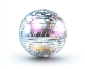Disco ball reflecting light, isolated, white background, party decoration