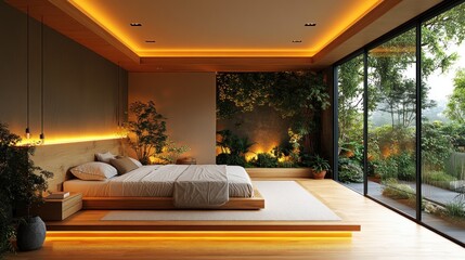 Serene bedroom, garden view, warm lighting, zen design, interior design